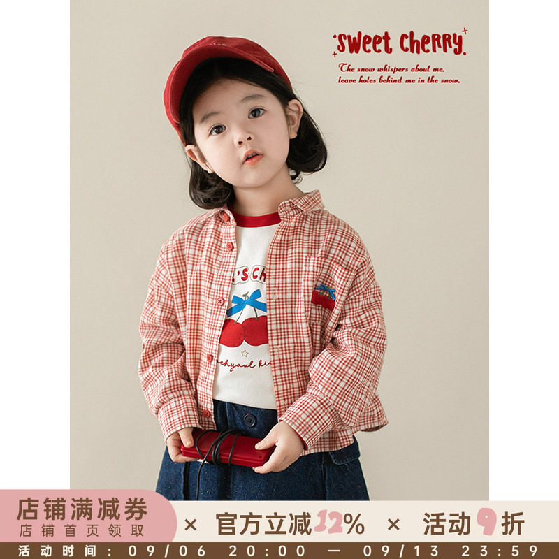 幼悠女童卡通绣标格子衬衫2026春秋儿童洋气可爱亲肤透气宽松外套