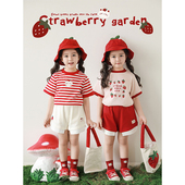 卡通绣标五分短裤 幼悠女童猫咪草莓系列2025夏季 清凉露肤宽松短袖