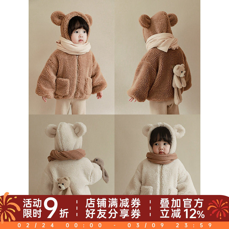 幼悠女童冬装新款中小童加厚外套儿童洋气保暖连帽毛绒上衣秋冬装