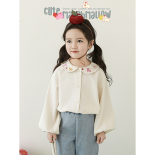 2025春季 幼悠女童甜美乖巧娃娃翻领衬衫 萌趣可爱卡通刺绣休闲上衣