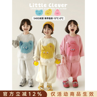 幼悠女童2026冬季新款加绒加厚卡通卫衣休闲保暖束脚长裤可爱套装