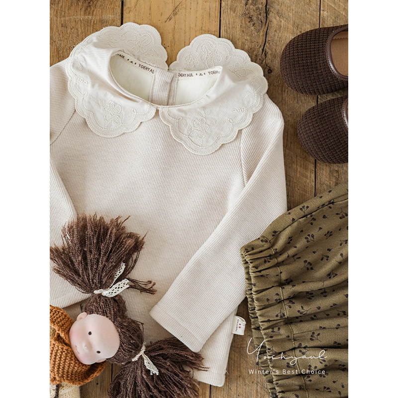 幼悠 女童波浪花边绣花翻领修身打底衫冬季法式坑条软弹交织T恤潮,童装/婴儿装/亲子装,T恤,淘宝优惠券,粉丝福利购,淘宝优惠卷