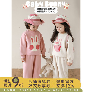 幼悠女童加绒加厚运动套装冬季小兔印花卫衣字母绣花宽松运动裤潮