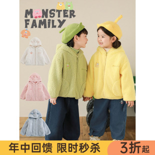 幼悠女童加绒加厚小怪兽毛绒外套冬季防风保暖立体犄角连帽上衣潮