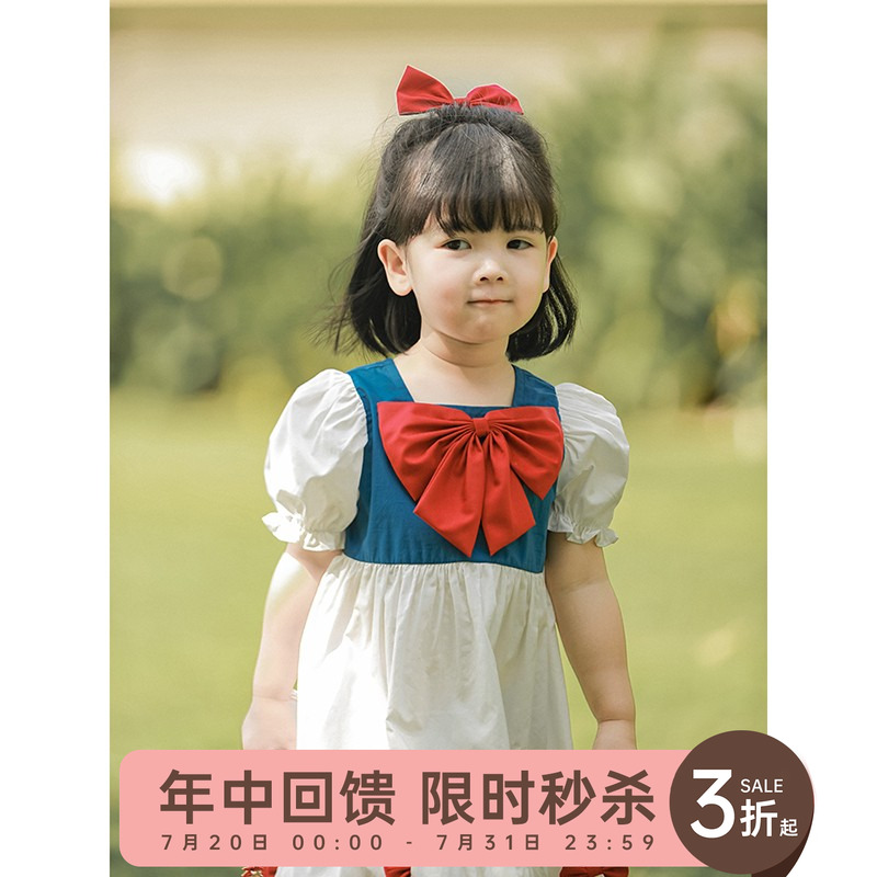 幼悠女童可爱蝴蝶结连衣裙美少女风小翻领宝宝夏季宽松短袖裙子潮