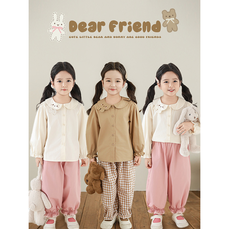 幼悠女童卡通表情马蹄领趣味娃娃衬衫春季亲肤舒适木耳边百搭上衣