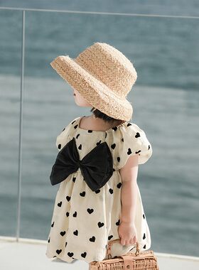 幼悠女童波点法式背带裙夏季新款爱心印花蝴蝶结宝宝吊带连衣裙潮