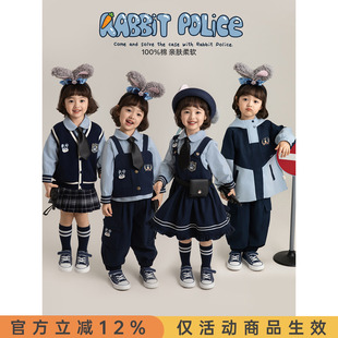 幼悠女童春季新款娃娃领衬衫无袖马甲短裙宽松束脚裤兔子警探套装