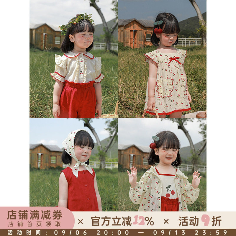 幼悠女童夏季樱桃小衫时尚宽松水果印花连衣裙宝宝新款外衣裤套装