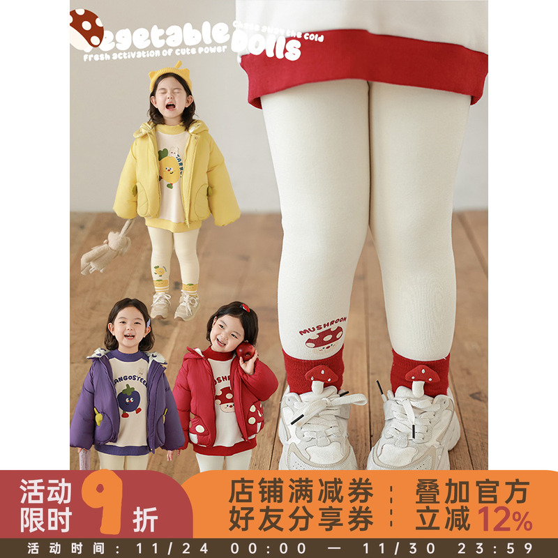 幼悠女童加绒加厚卡通印花修身打底裤2025冬季防风保暖休闲裤子潮