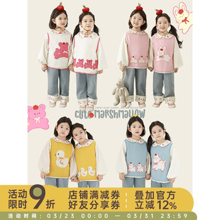 幼悠女童卡通动物提花毛衣背心春季撞色罗纹波浪花边蝴蝶结马甲潮