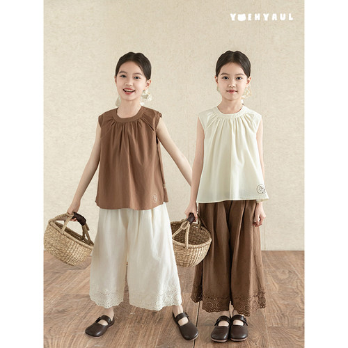 幼悠女大童气质韩风温柔透气领口碎褶温柔勾勒清爽无袖刺绣小衫女