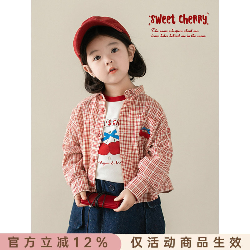 幼悠女童卡通绣标格子衬衫2026春秋儿童洋气可爱亲肤透气宽松外套图片