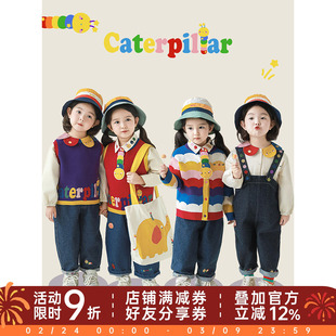 幼悠女童彩虹系列套装2026春秋虫虫刺绣衬衫宽腰阔腿背带裤多件套