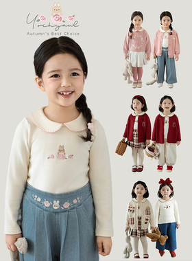幼悠女童波浪曲牙娃娃领衫修身款春秋萌趣可爱森林动物绣花打底衫