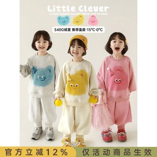 幼悠女童2025冬季新款加绒加厚卡通卫衣休闲保暖束脚长裤可爱套装