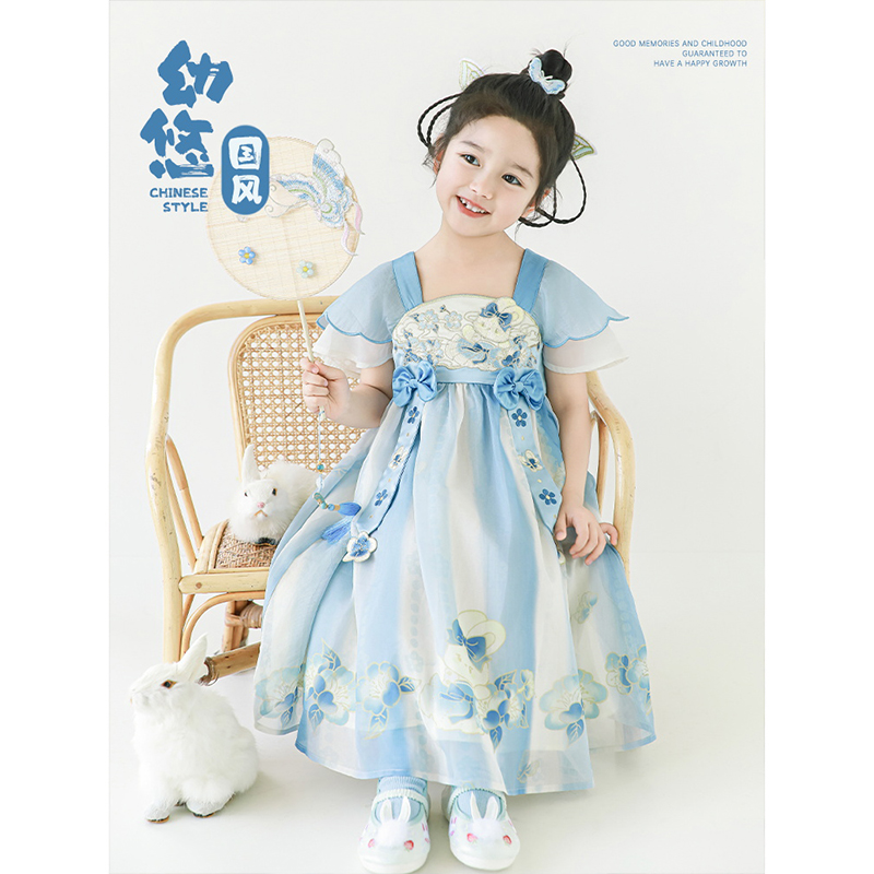 幼悠女童数码印花汉服裙夏季轻盈透气重工刺绣花瓣短袖国风连衣裙