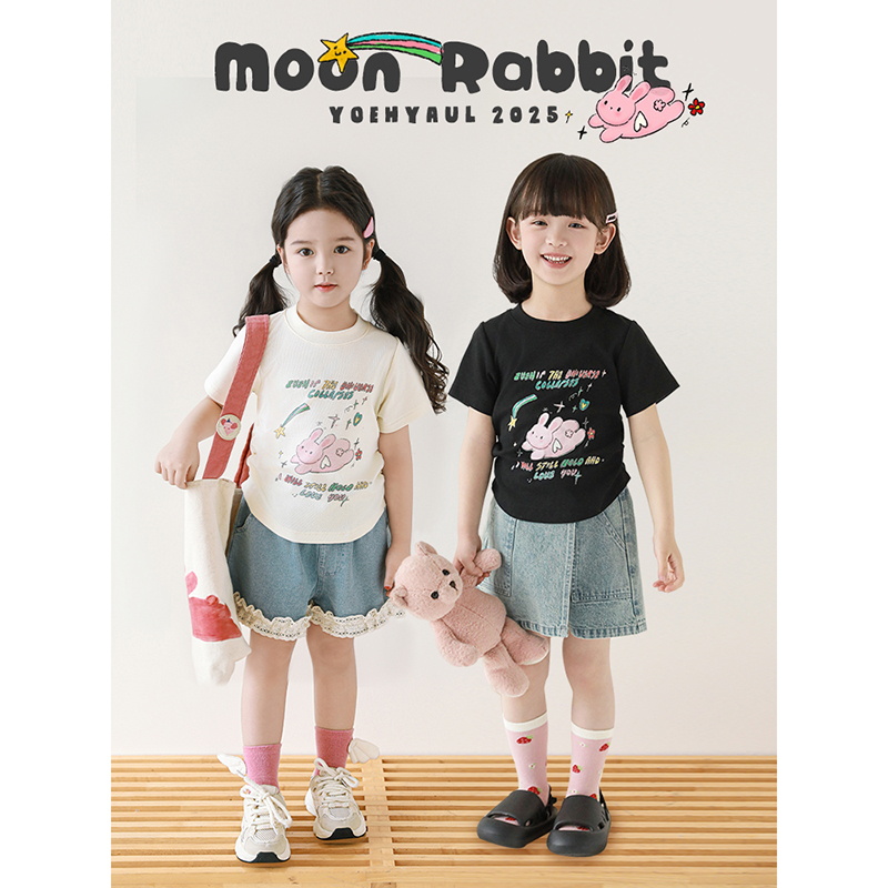 幼悠 女童兔子印花T恤修身款夏季童趣可爱罗纹领口亲肤不闷短袖潮