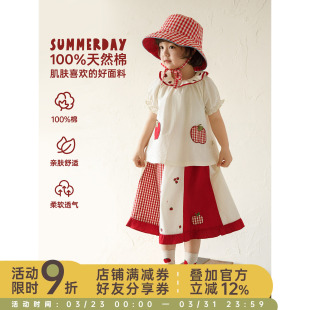 拼色花边裙子红苹果可爱套装 幼悠女童夏季 衬衫 荷叶翻领短袖 潮 新款
