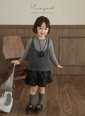 幼悠女童春秋甜美可爱软糯打底衫针织吊带碎花蛋糕裙韩系三件套潮
