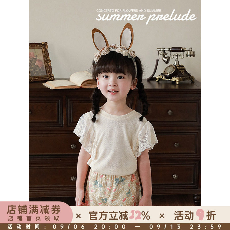 幼悠女童圆领娃娃衫2025夏季网纱飞袖宝宝镂空透气蝴蝶结百搭上衣图片