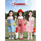 幼悠女童撞色花边娃娃翻领连衣裙夏季 清新秀丽色织格子无袖 裙子潮