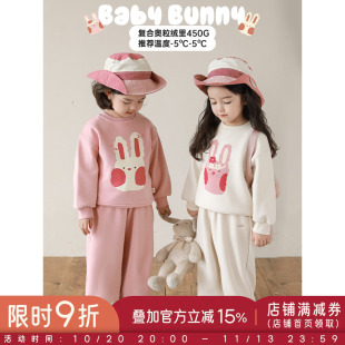 幼悠女童加绒加厚运动套装冬季小兔印花卫衣字母绣花宽松运动裤潮