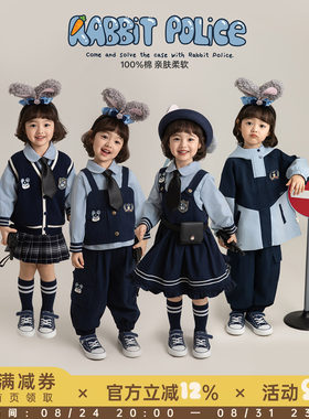 幼悠女童春季新款娃娃领衬衫无袖马甲短裙宽松束脚裤兔子警探套装