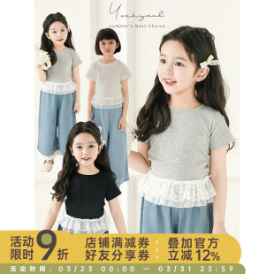 款 幼悠 清爽透气T恤修身 2025夏季 女童时髦小腰精蕾丝花边拼接短袖