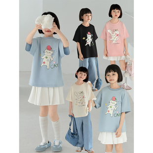 幼悠 女大童原创卡通兔子玩偶印花宽松舒爽轻柔棉质凉感胖童T恤衫