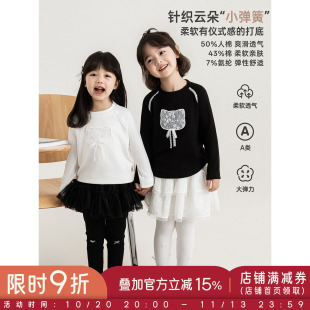 幼悠女童长袖T恤儿童秋季新款蝴蝶结圆领秋装宽松透气针织上衣潮