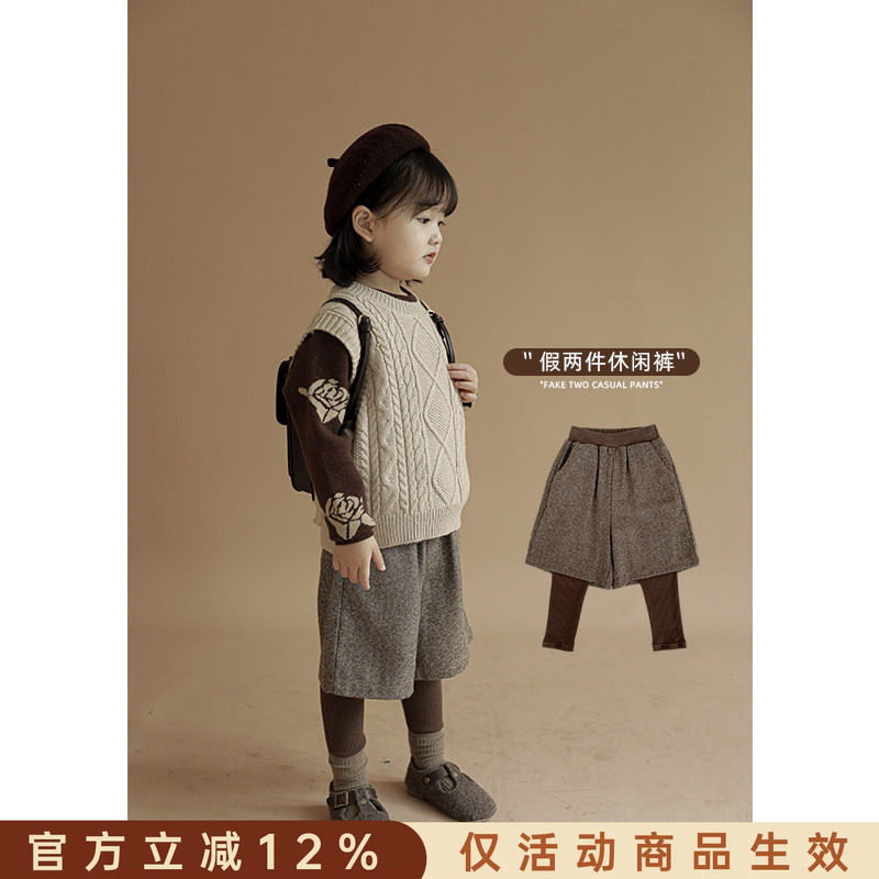 幼悠女童裤子春秋新款外穿百搭假两件长裤小童洋气韩版时尚休闲裤