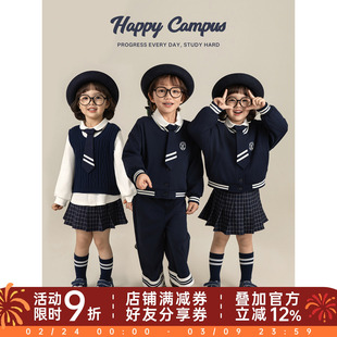 幼悠女童春季新款复古海军领外套无袖马甲八分直筒裤学院风套装潮