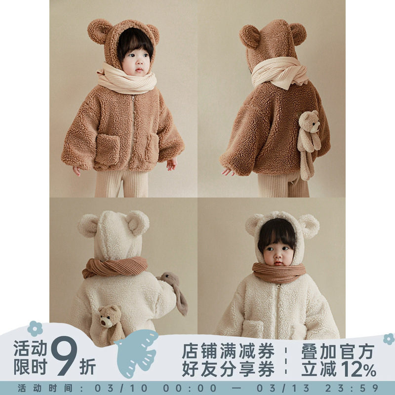 幼悠女童冬装新款中小童加厚外套儿童洋气保暖连帽毛绒上衣秋冬装