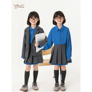 幼悠女童简约大方西装外套撞色吸晴内衬甜美百褶裙英伦学院风套装