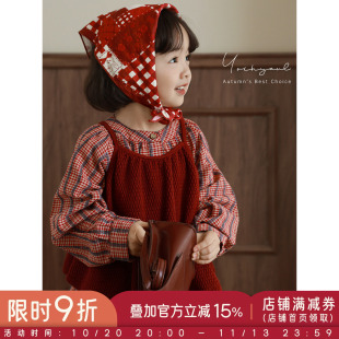 幼悠女童春秋洋气可爱韩系小甜妹显白复古红格纹衬衫吊带两件套潮