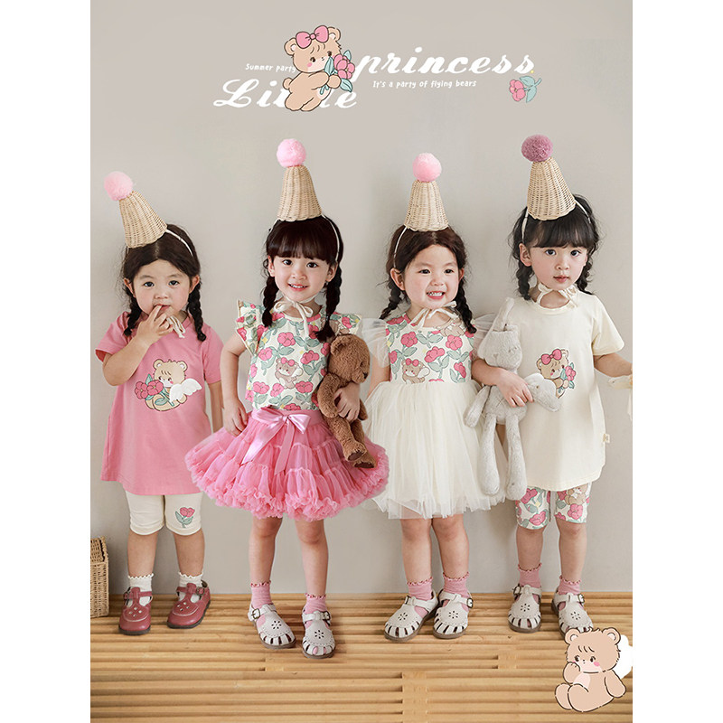 幼悠 女童卡通连衣裙套装2025夏季新款翅膀T恤宝宝网纱裙子休闲裤