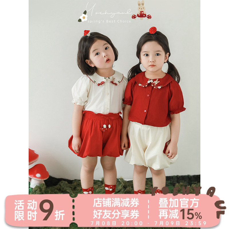 幼悠女童立体刺绣割边翻领衬衫2025春夏季柔软亲肤泡泡袖休闲上衣