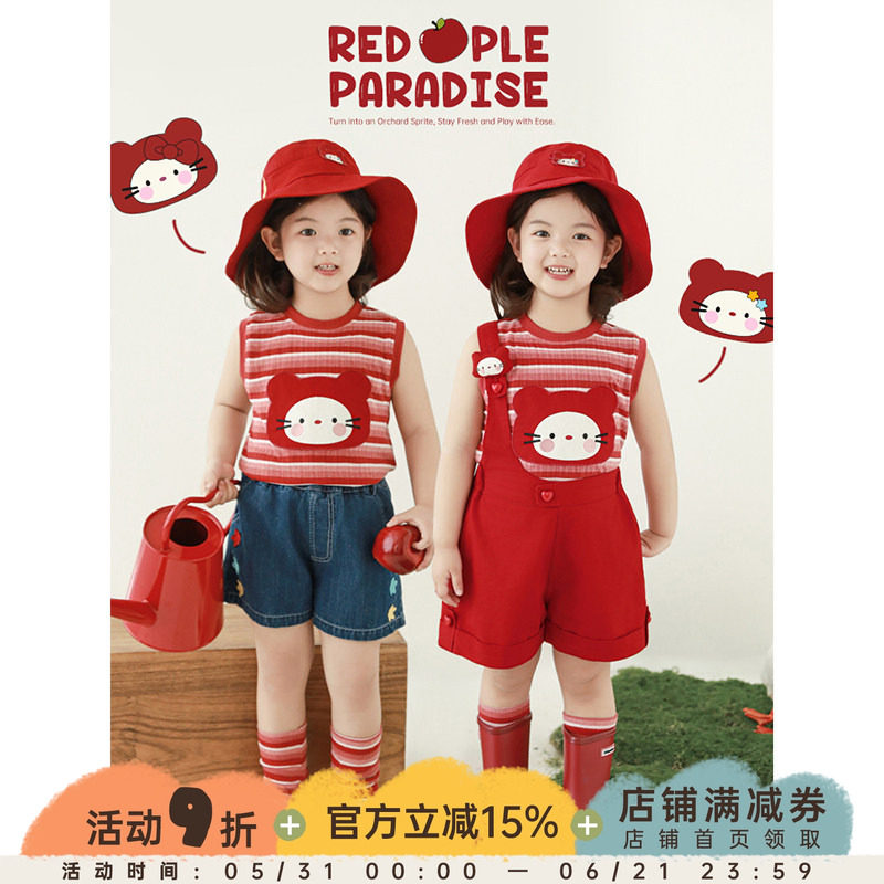幼悠 女童夏季原创设计苹果猫咪贴布绣花条纹无袖背心/单肩背带裤