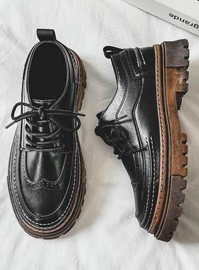 布洛克皮鞋男鞋秋季正装商务休闲英伦黑色青少年运动软面增高潮鞋