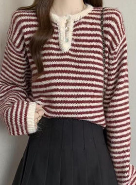 秋冬季新款羊毛针织衫女彩条扣子圆领宽松大码条纹拼色毛衣打底衫