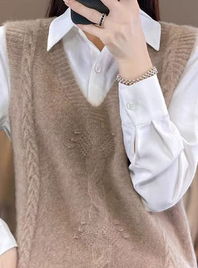秋冬新款v领羊毛针织马甲女菱形韩版宽松大码毛衣针织衫马夹打底