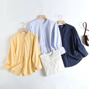 HC218日单 简约宽松条纹撞色立体休闲长袖 衬衫 女 22秋新款