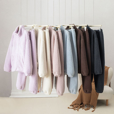 加绒加厚秋冬女款家居服套装仿羊羔绒保暖绒睡衣睡裤两件套休闲潮