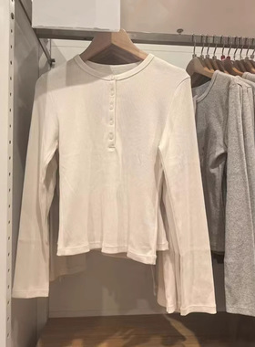 女装罗纹亨利领时尚T恤/长袖休闲修身显瘦打底衫上衣26新款487908