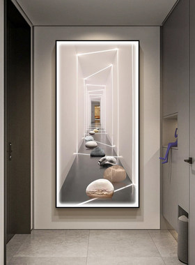 入户玄关装饰画延伸空间壁画高级感竖版走廊过道挂画轻奢简约带灯