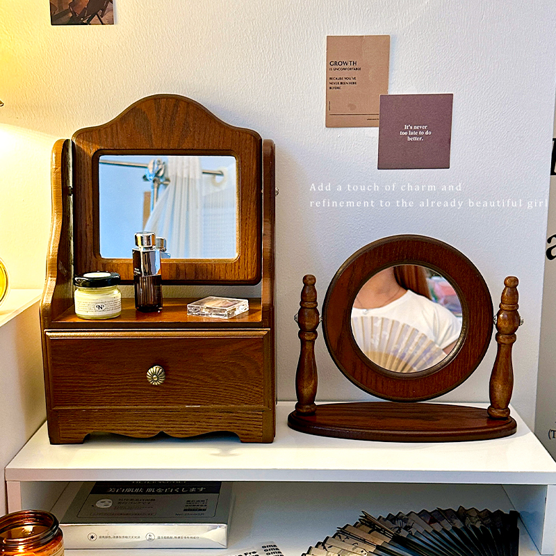 法式中古镜子木质化妆镜