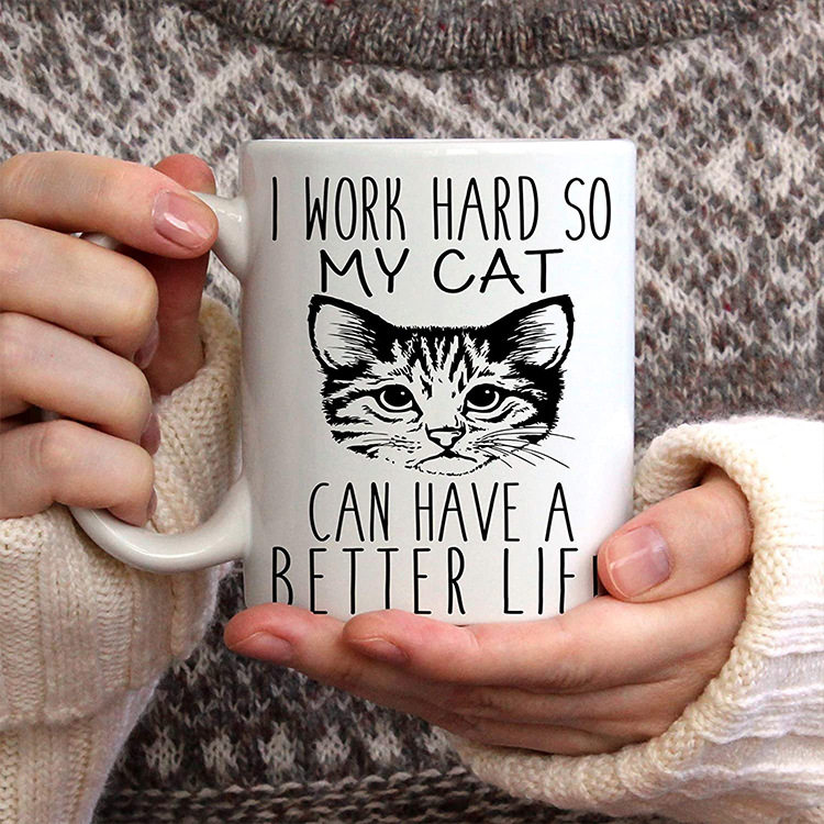 美国I Work Hard so my cat可爱猫咪脚印陶瓷咖啡马克杯猫咪陶瓷
