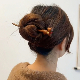 可爱红绳铃铛猫咪发簪女古风新中式木质发张簪子u型发钗木簪头饰