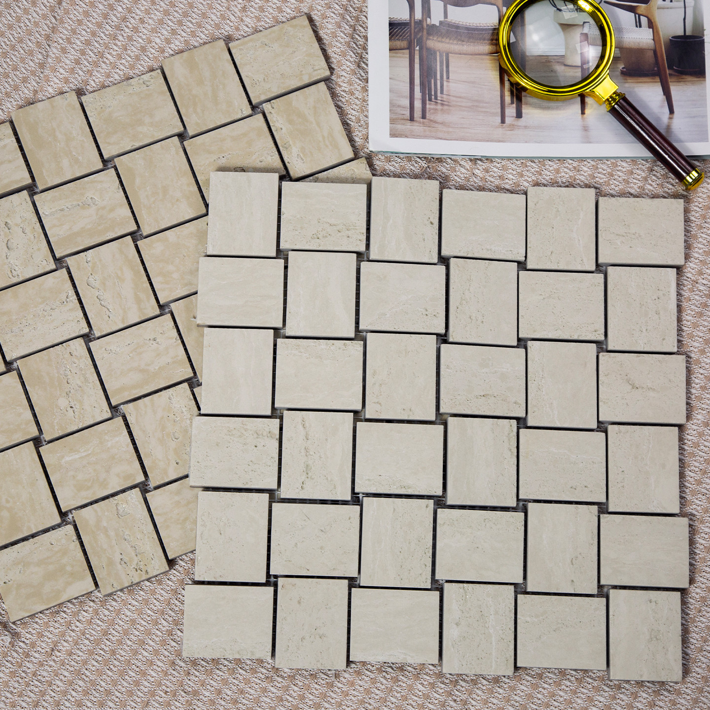 佳纷天弼洞石米色编织纹陶瓷切割马赛克店铺地面卫生间背景墙瓷砖